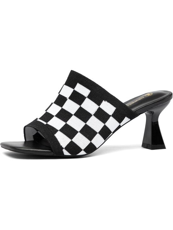 Shoes - Women's Square Toe Heeled Sandals Chunky Black White Kitten Heel Slip On Sandals
